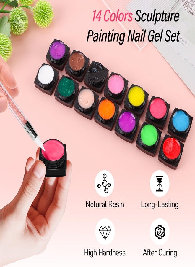EBANKU 14 Colors Sculpture Painting Nail Gel Set, 3D Nail Carved Gel Sculpture Creative DIY Decoration Painting Glue with Silicone Mold, Silicone Pen, Cuticle Pusher and Carving Brush - Image 5